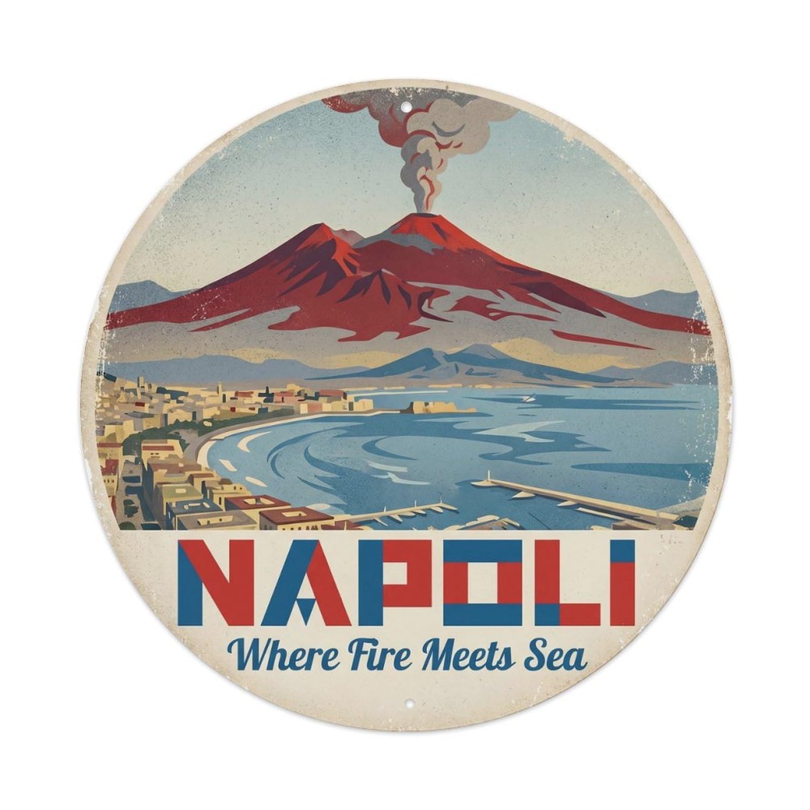 Yrnq Vintage Style Vintage Travel Naples Volcano Italy Vintage Metal Tin Sign Plaque Wall Decor For Cafe, Club, Garden Round Metal Poster 8X8inch