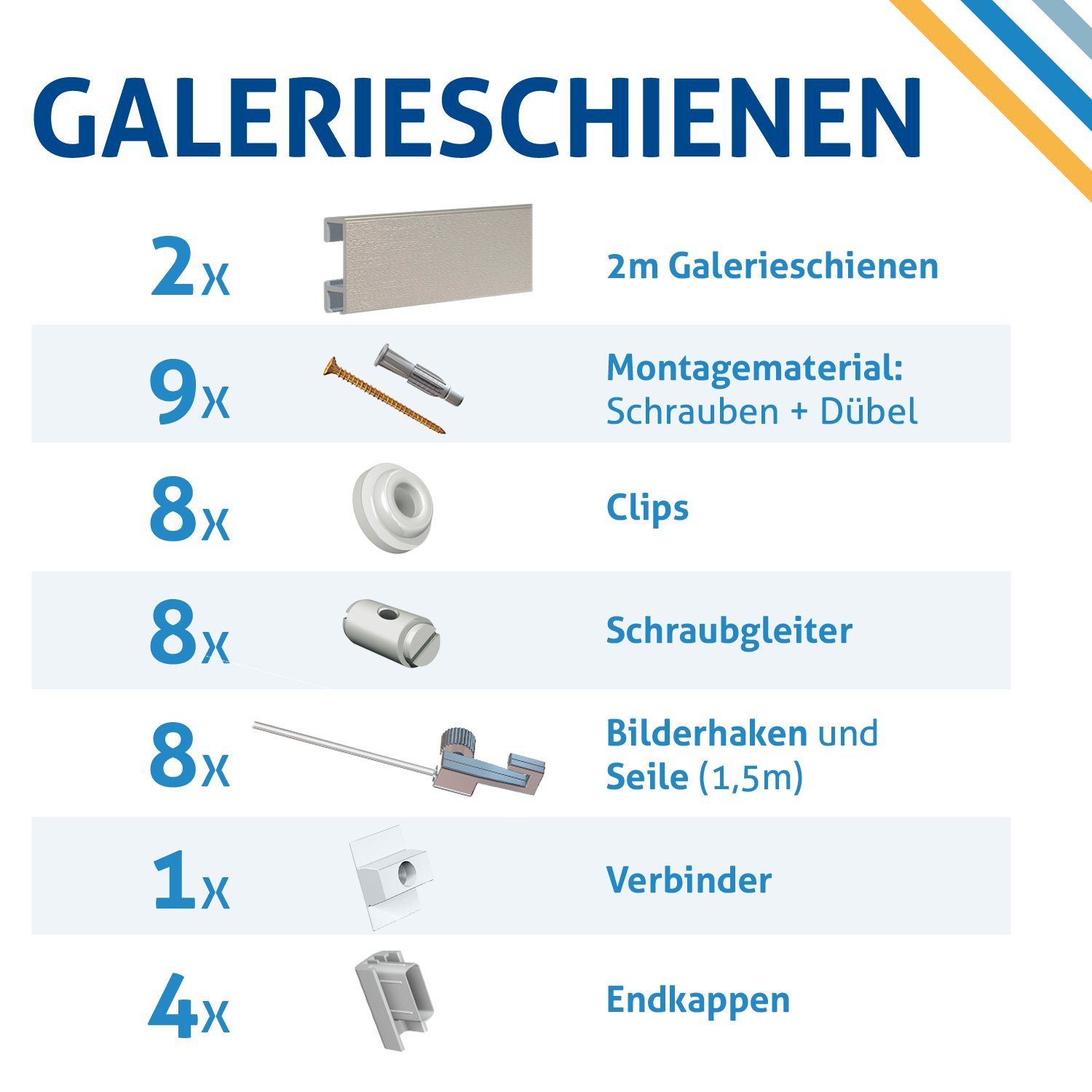 Bilderschienen, Galerieschienen Komplett-Set in silber 4m Länge und erweiterbar - Wandgestaltung mit Bildern und Fotos, Bilderhaken inklusive