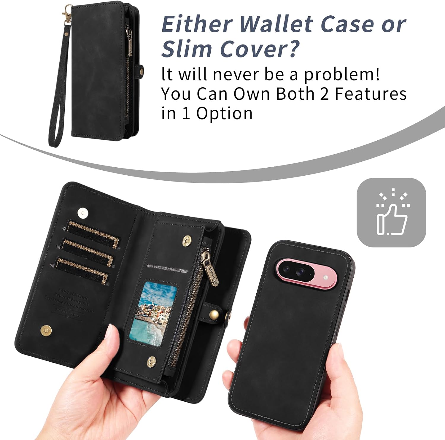 Asuwish Phone Case for Google Pixel 9/9 Pro 5G Zipper Wallet Detachable Cell Cover with Tempered Glass Screen Protector Crossbody Lanyard Strap Flip Card Holder Slot Pixel9 9Pro Nine Women Girls Black