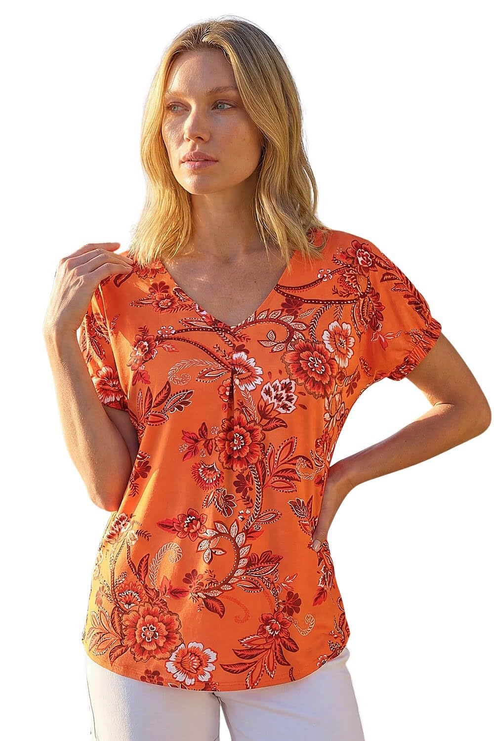 Roman Women's Orange Floral Print Pleat Front Top Size 10