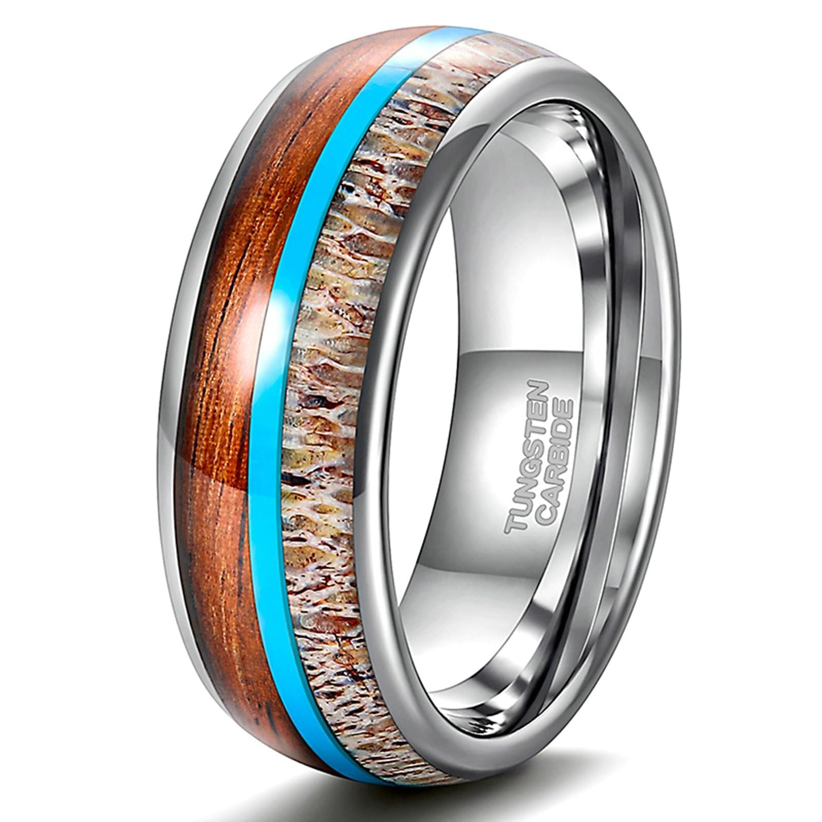 Anello in tungsteno, unisex, in argento, 8 mm, con legno e turchese, anello di fidanzamento, unisex, senza nichel