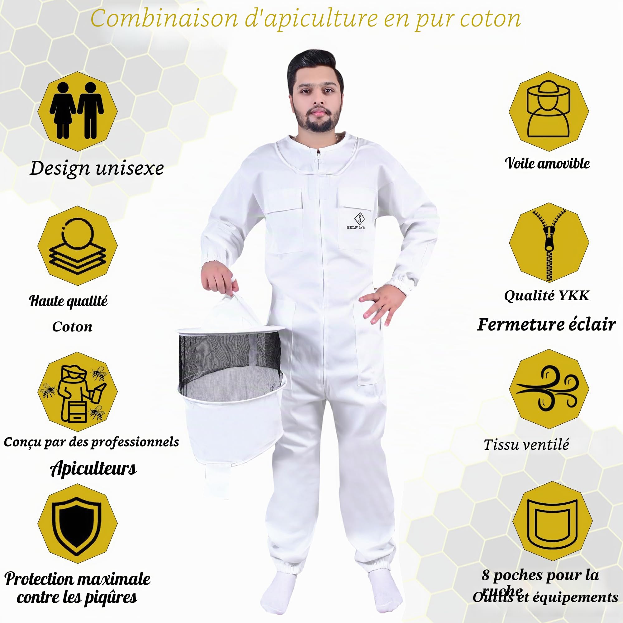 Bee Suit – Vêtement d'apiculteur professionnel complet en polycoton pour homme et femme (Voile rond, XXL)