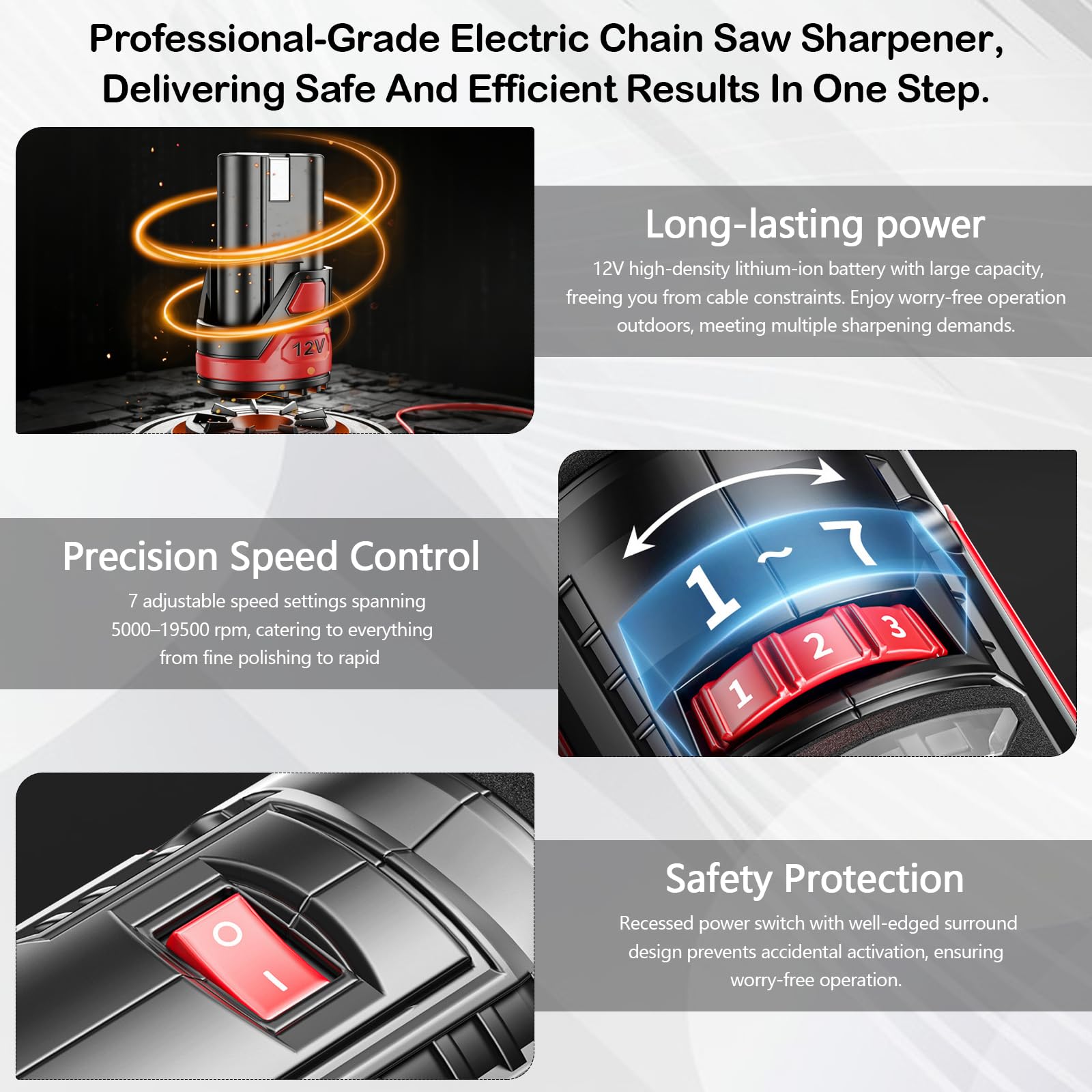 Afilador eléctrico para cadenas de motosierra, completo con 2 baterías y cargador. Alta velocidad, 20 cabezales cerámicos y 20 núcleos de diamante, válido para todas las cadenas.