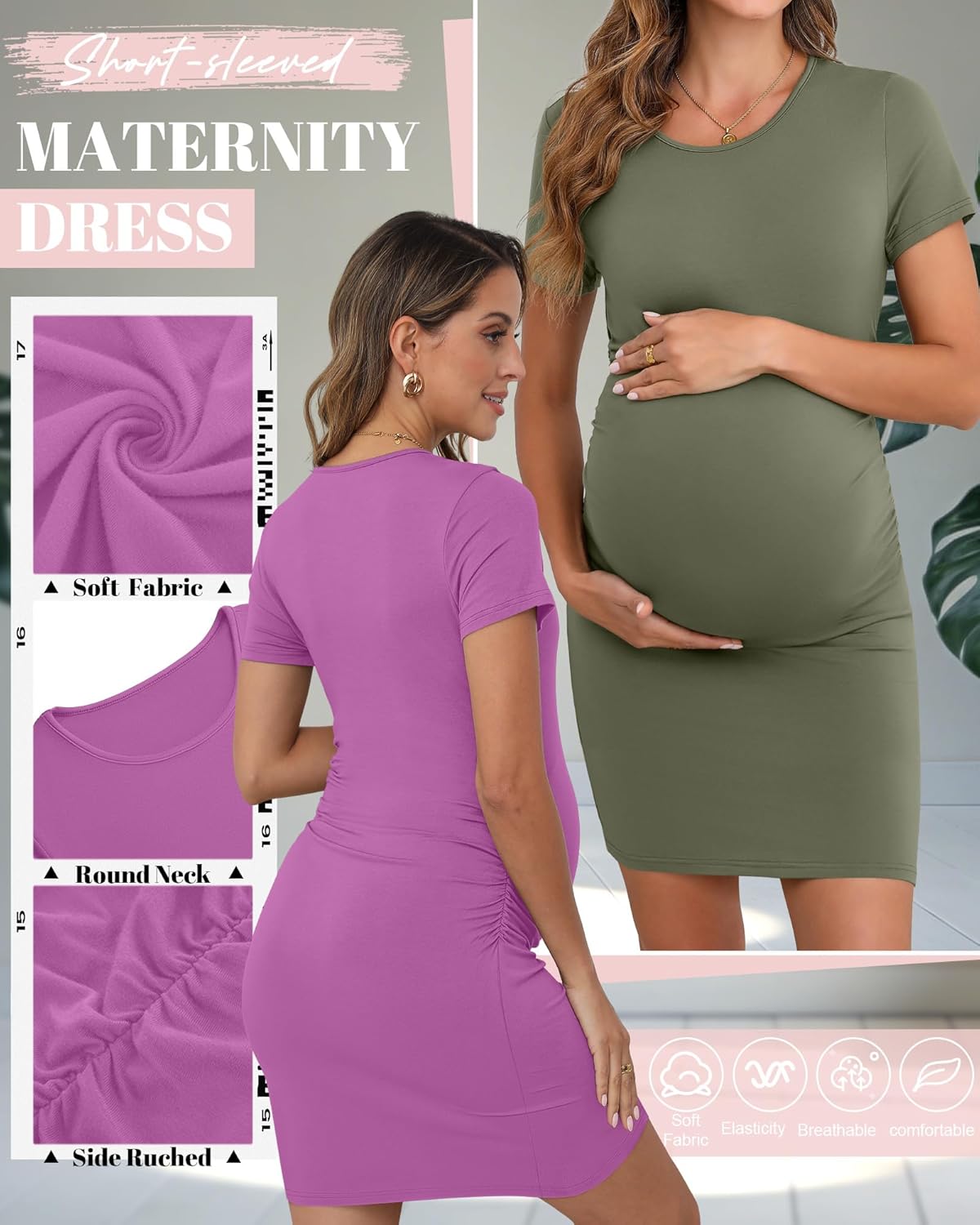 Riyiper 3 Pack Women's Maternity Dresses, Short Sleeve Pregnancy Dress Side Ruched Crew Neck Knee Length Mama Clothes - Image 6