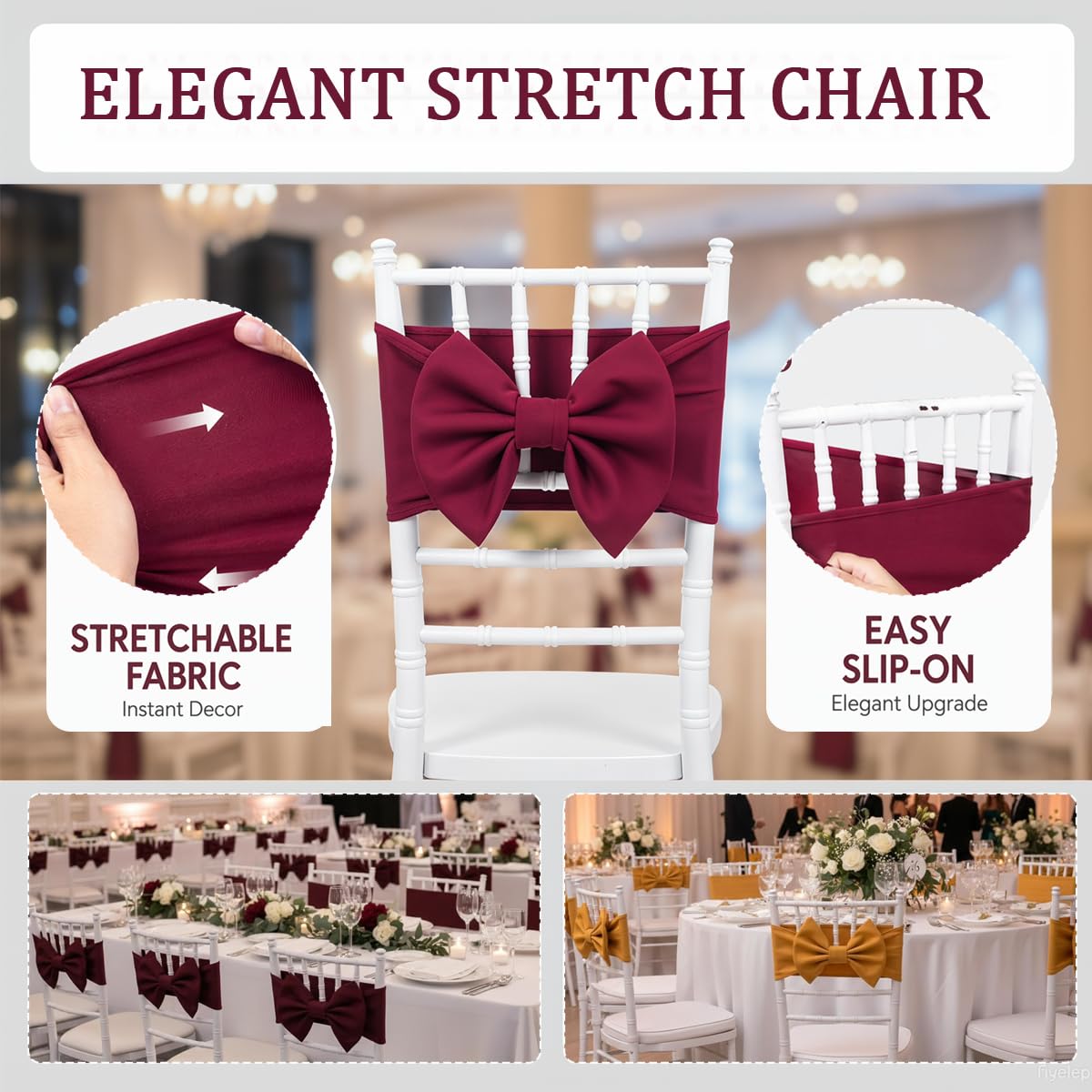Stuhlschärpe Stuhlschleife Elastisch für Hochzeit Bankett 6 Stück | Elegante Stuhldeko, elastische Passform, samtige Optik, kein Binden nötig, für Hochzeit, Empfang, Festsaal und Events