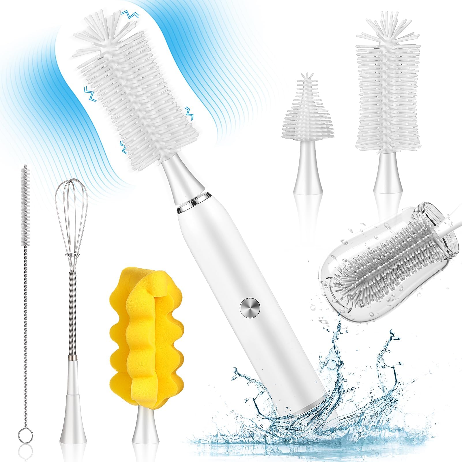 Electric Baby Bottle Brush, Waterproof Bottle Brush Cleaner Set with 4 Adjustable Speed, USB Rechargeable Water Bottle Scrubber Brushes with 5 Head for Baby Bottle and Kitchen Cleaning (White)