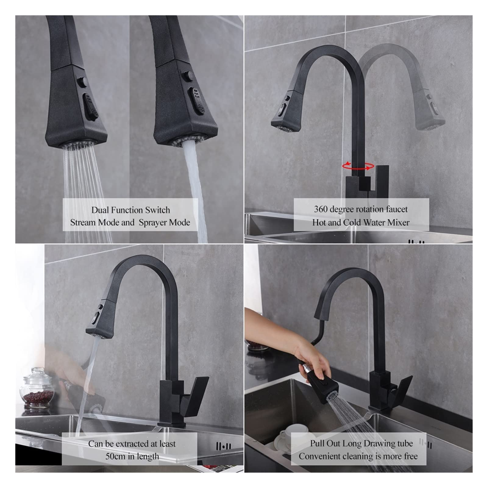Grifo de Cocina, Grifo de Cocina Negro Grifo de Cocina extraíble Grifo de un Solo Orificio Giratorio Grifo de Agua fría y Caliente de 360 ​​​​Grados/Negro Mate Comfortable Anniversary