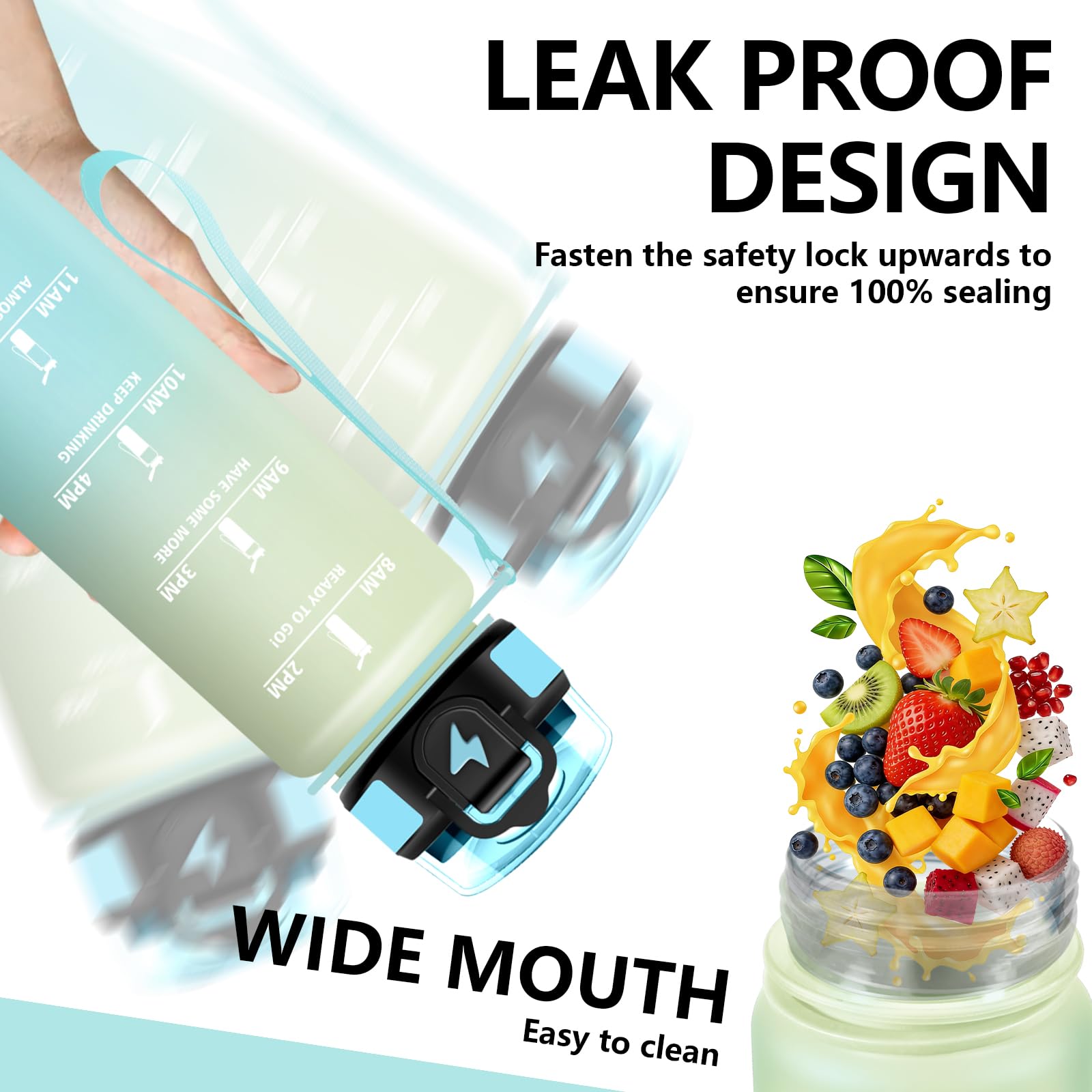 Borraccia 1 litro, Senza Perdite Borracce con Cannuccia, Borraccia Palestra con Indicatore del Tempo, Facile da Pulire, Borracce Motivazionale per Ciclismo, Gym, Campeggio - 4