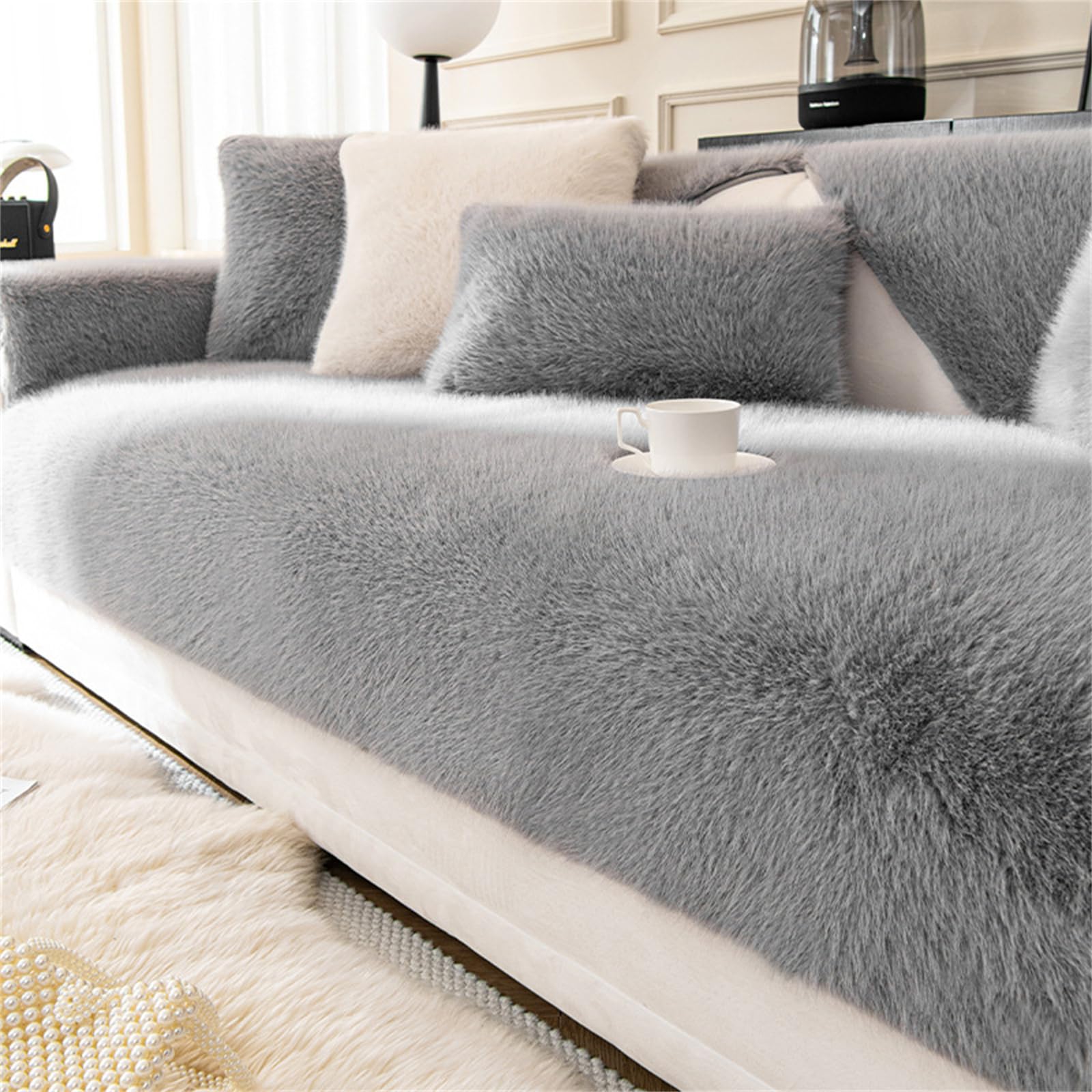 DJFOGLuxurious Faux Mink Fur Sofa Cushion, Winter Warm Thick Plush Non-Slip Sofa Covers, Super Soft Puffy Plush Non-Slip Sofa Cushion Covers, for Sofa Couch Bedroom (Gray,90 * 180cm/35.4 * 70.9in)
