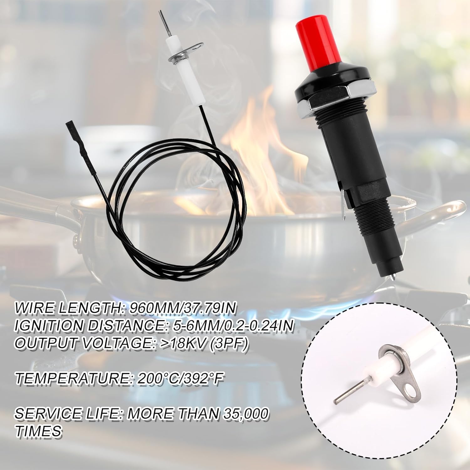 Piezo Spark Igniter Set with Push Button Piezo Igniter Replacement, Metal Threaded Grill Kit with Straight Needle Ceramic Electrode Wire and Nuts Supplies for Gas Fireplace Oven Kitchen Camping BBQ