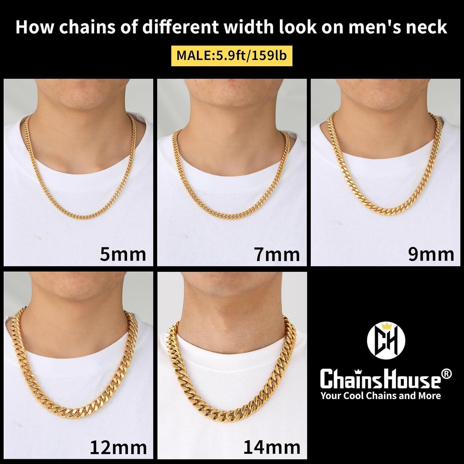 ChainsHouse Stainless Steel Mens Cuban Link Chain, Black/ 18K Gold Plated Miami Cuban Chain Necklace, 5mm/7mm/9mm/12mm/14mm Width, No Tarnish& Durable Hip Hop Mens Jewelry, 18"-30", Send Gift Box - Image 5