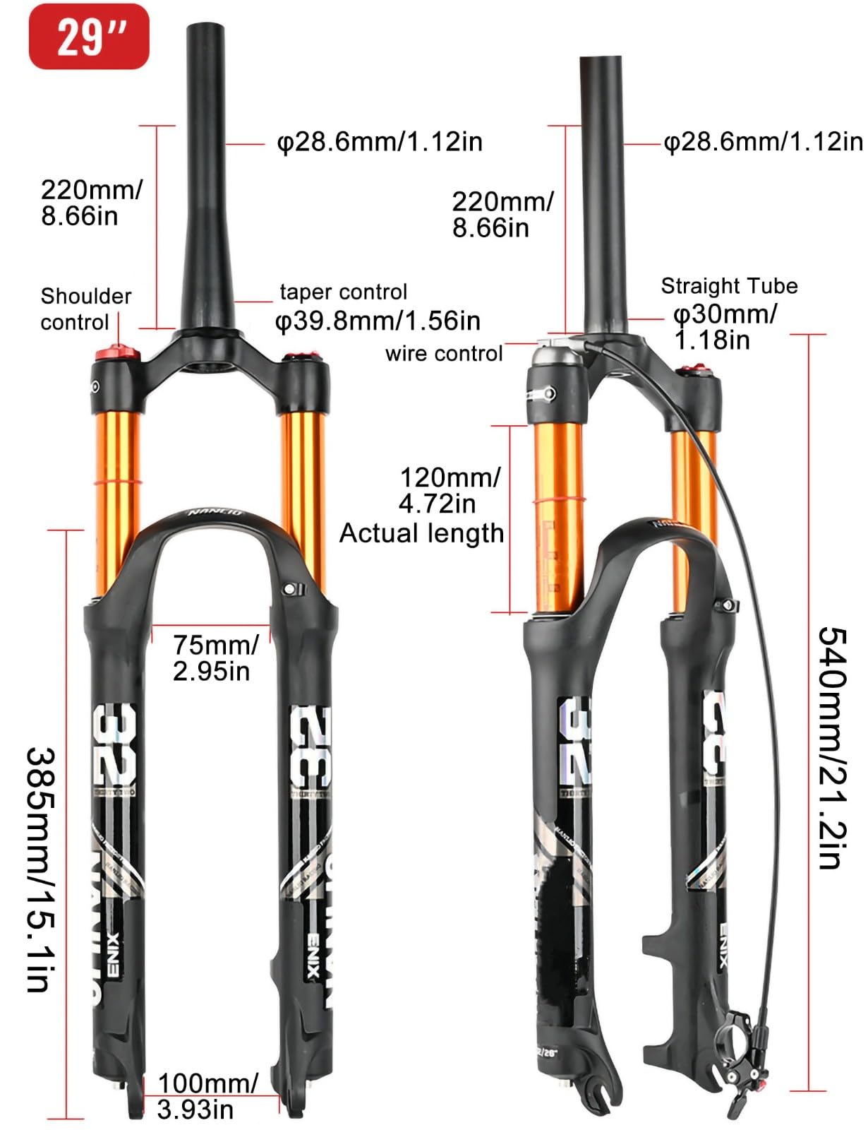Widelec amortyzowany MTB 26/27,5/29, amortyzator ze stopu aluminium, podróż 120 mm, 28,6 mm prosta rura/stożkowa, ręczna blokada podróży, 9 mm QR XC przedni widelec do roweru górskiego