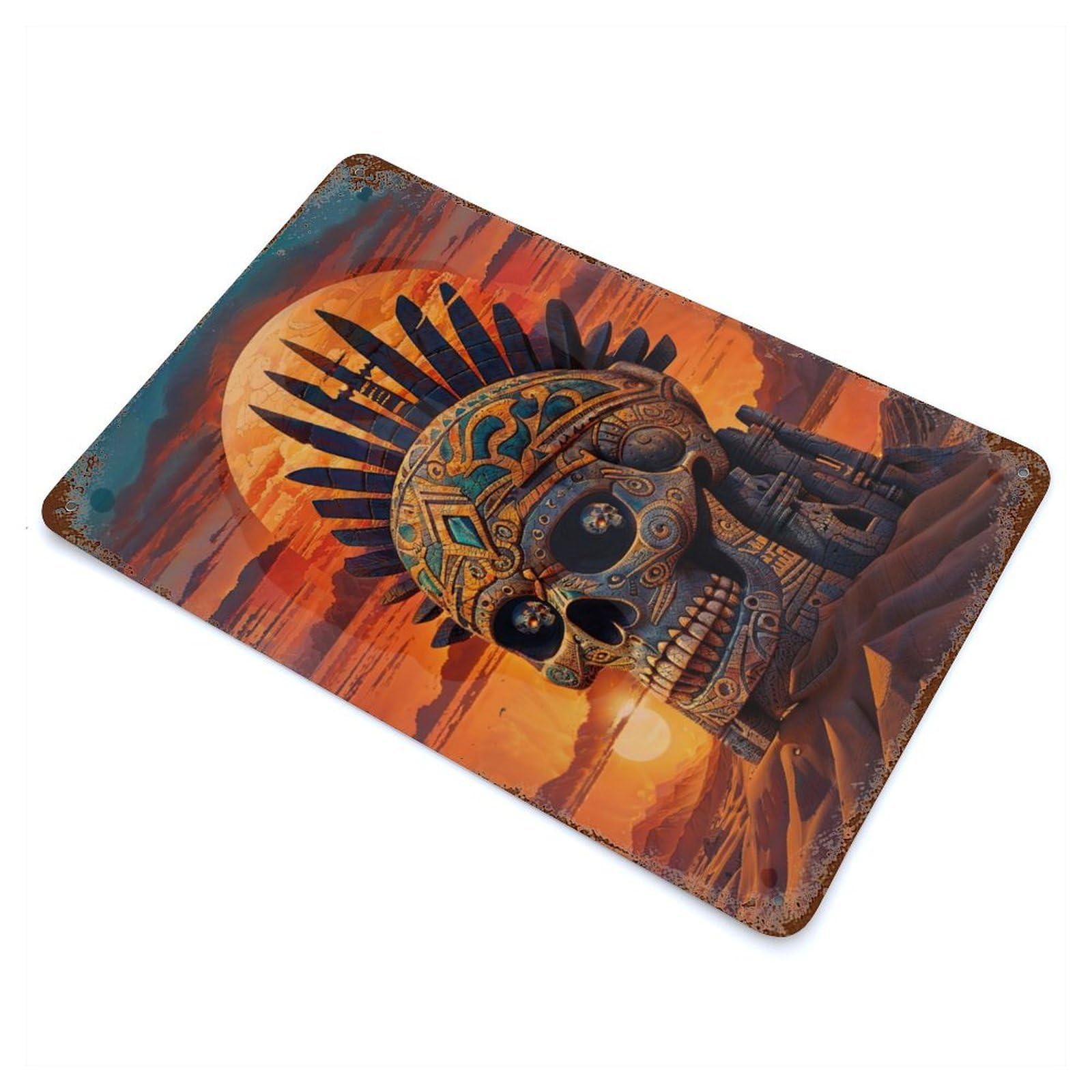 Tribal Sunset Skull 11.8"x7.9" Aged Metal Wall Plaque, Novelty Wall Decor for Shed, Workshop And Garage Wall Decor