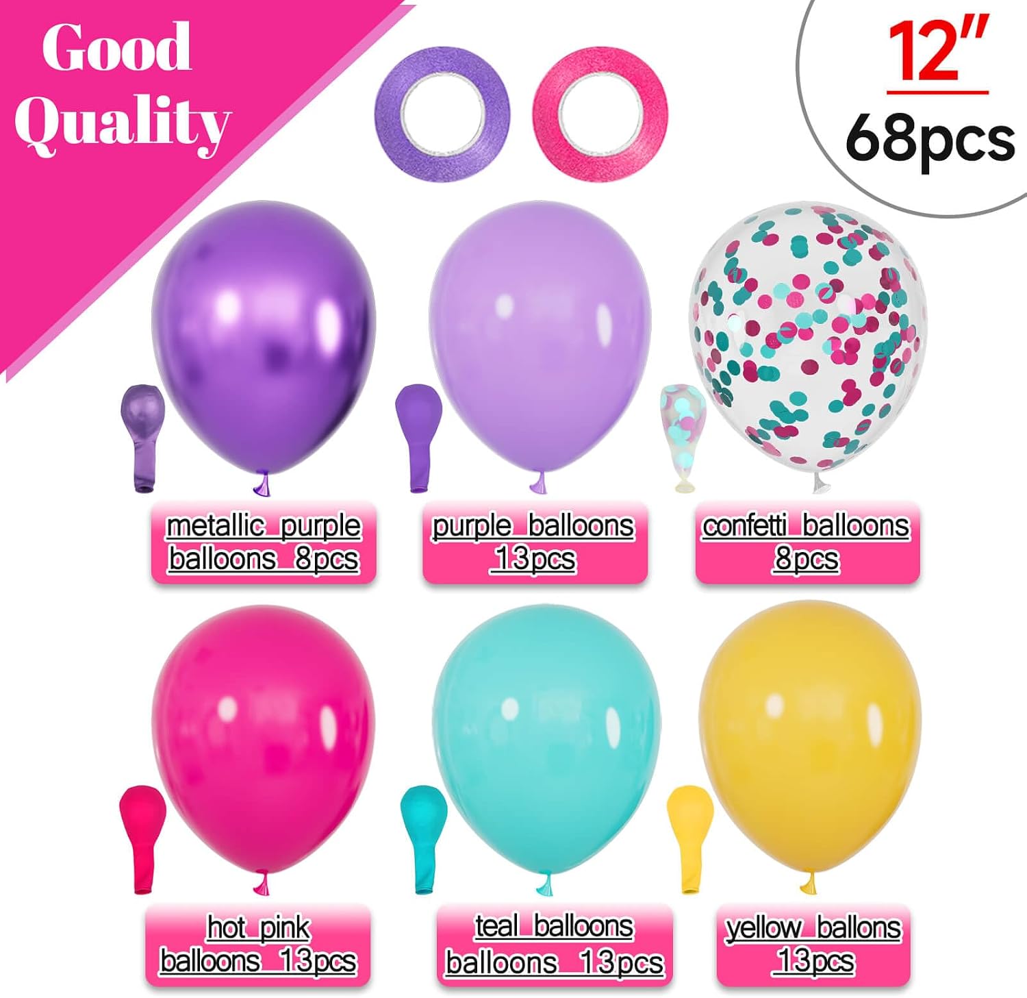 68Pcs Pink Purple Blue Balloon 12 Inch Confetti Balloons Yellow Teal Balloon for Kids Birthday Baby Shower Magic Theme Decoration Engagement Party Supplies. image 2
