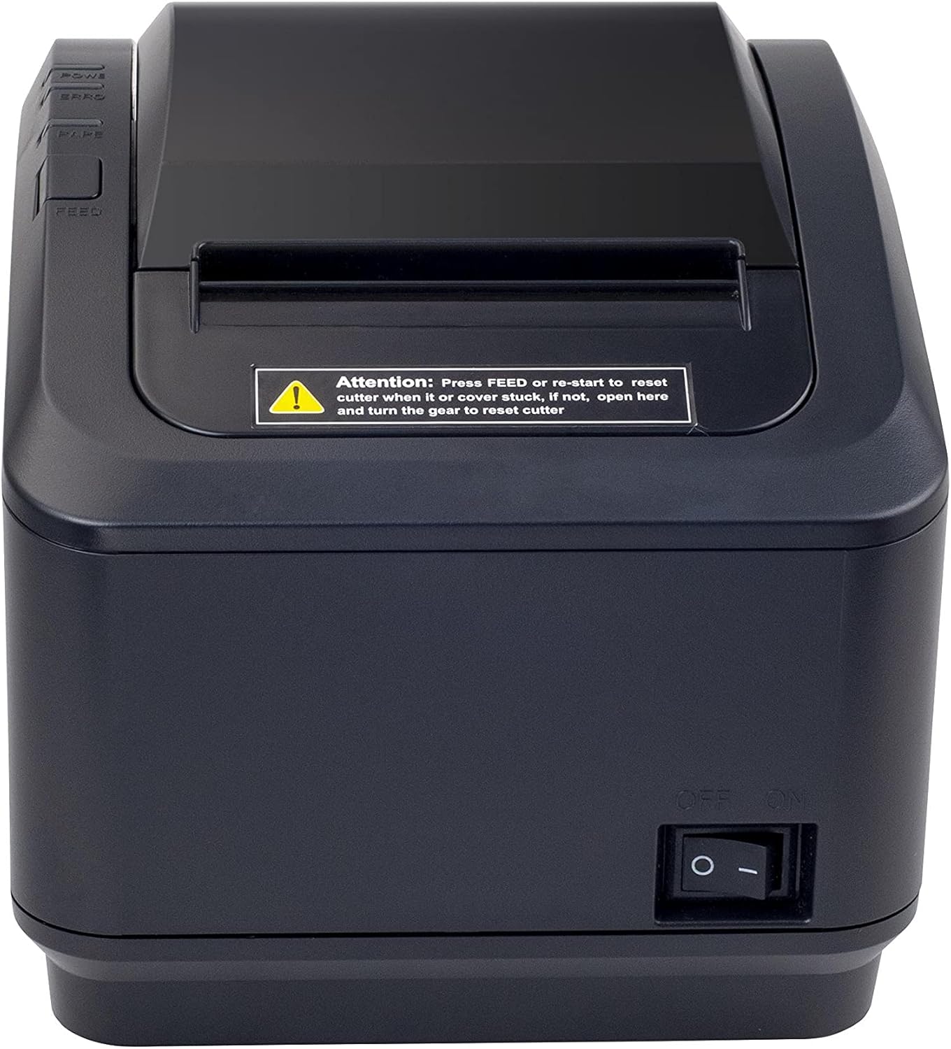 Blaen view of the Xprinter XP-K200L thermal receipt printer, highlighting the paper output slot and control buttons.