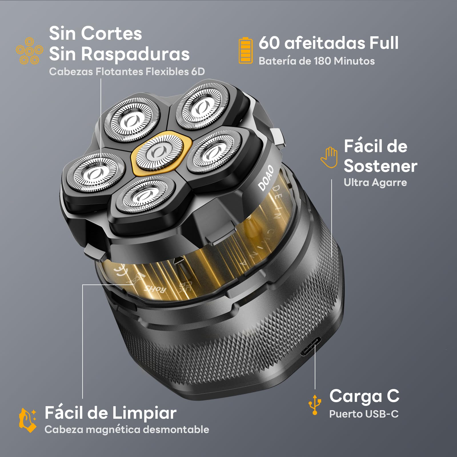 Doao Afeitadora Cabeza Hombre, Cabezales MagnéTica 6D Mejorada, Afeitado En 2 Min, Maquina Para Afeitar Cabeza En Seco Y HúMedo Con Pantalla Led, 180 Mins Uso, Resistente Al Agua, Carga RáPida Usb