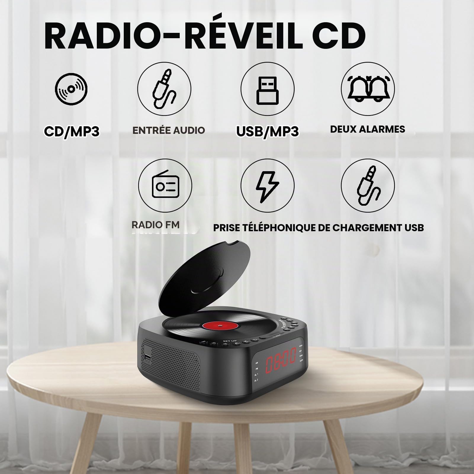 Zunate Lecteur CD Audio, Lecteur de Musique CD Portable avec Réveil, Chargement USB, Affichage à intensité Variable, Radio Bluetooth de Bureau avec Haut-Parleur, Télécommande pour (Prise UE)