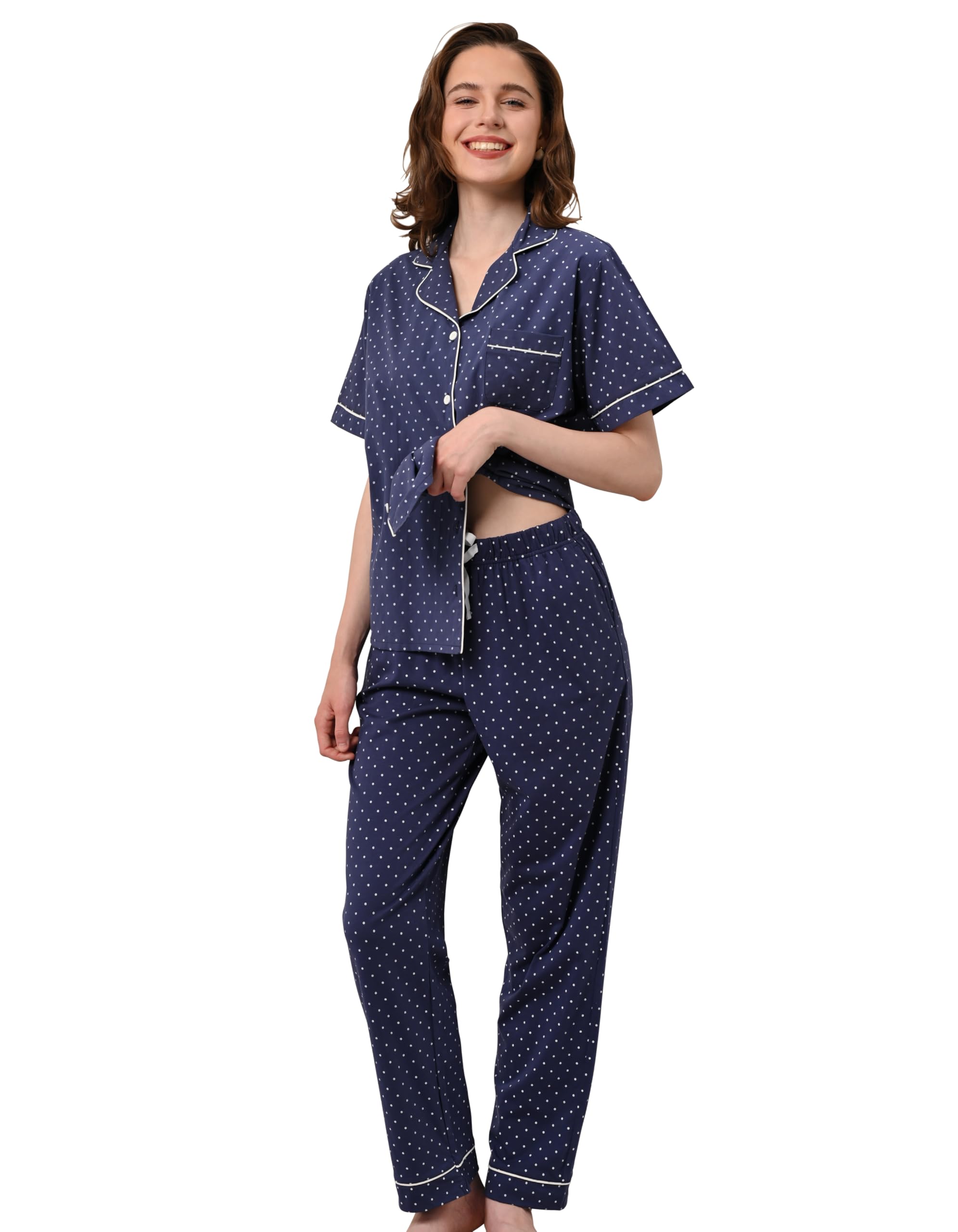NAP BOUND 100% Cotton Women's Pajama Sets Short Sleeve Button Down Soft Pjs 2 Piece Lounge Set with Pocket Nightwear XS-XXL