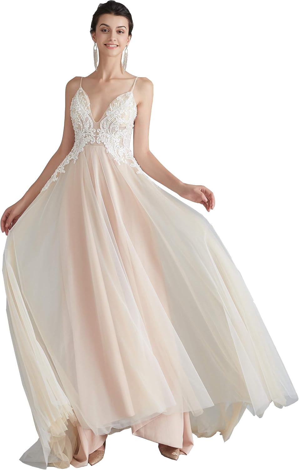Women's V-Neck Empire Applique Pearls Beach Wedding Dress