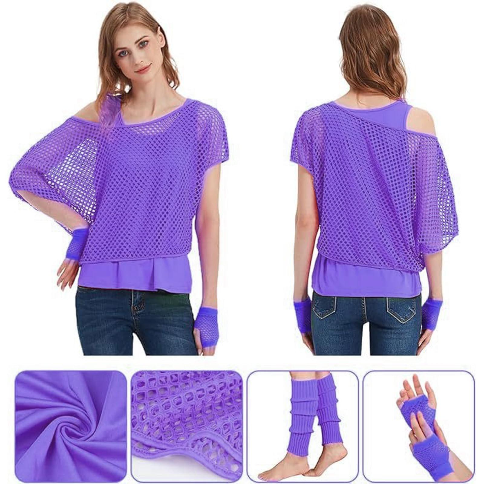 MUNSKT Women's Neon Outfit, 80s 90s Fishnet T-Shirt Sleeveless Top with Gloves Leg Warmers - Image 4