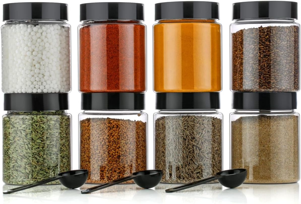 HAPPI Multipurpose Unbreakable Plastic Transparent Storage Containers For Kitchen Airtight Masala Box Dabba Spice, Cereal, Dry Fruits Spice Box 250 Ml Round With Spoons (Set Of 8 Pcs), Black