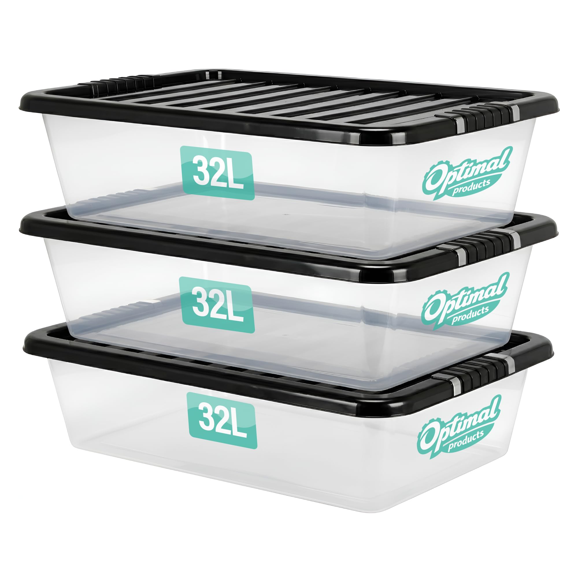 3 x 32L Underbed Plastic Storage Boxes with Lids Set of 3, Clear Multipurpose Nestable Stackable Storage Box 32L Clear Containers Boxes For Home, Kitchen, Office, Garage, Accessories Uses