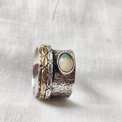 Miniatura 2 de Natural Opal Spinner Band, October Birthstone, Meditation Ring, 925 Sterling Silver Ring, Spinning Ring, Two Tone Ring, Fidget Ring, Handmade