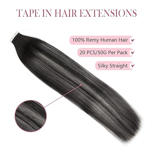 Miniatura 2 de Sixstarhair Extensiones de cabello humano con cinta adhesiva, balayage, color negro a plateado, con cinta negra, 20 unidades, 1.76oz, extensiones de