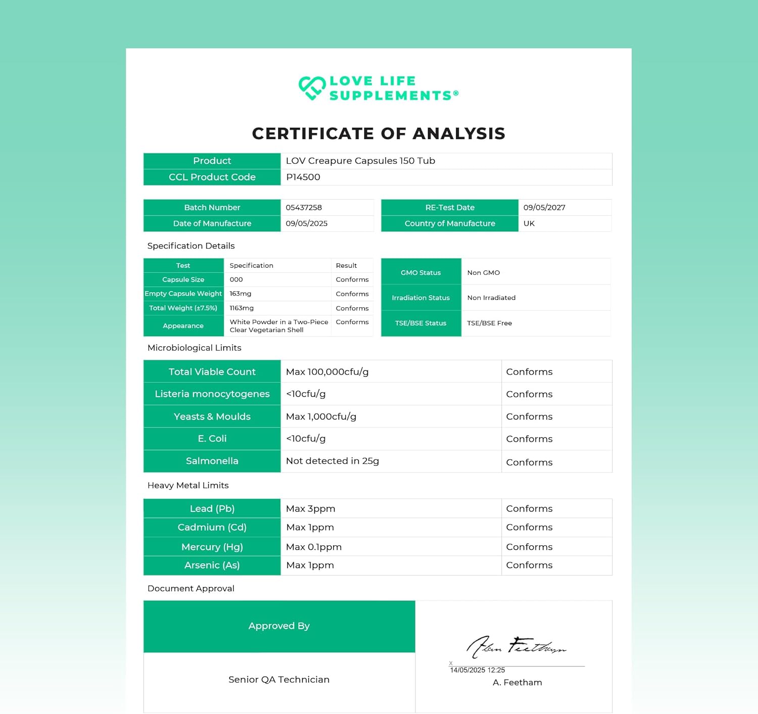 Love Life Supplements Creapure® Creatine Monohydrate, 150 Capsules, 1 Gram per Capsule (not Powder or Tablets), 30-50 Servings, for Muscle Building, Strength & Power Output, 3rd Party Tested - Image 7