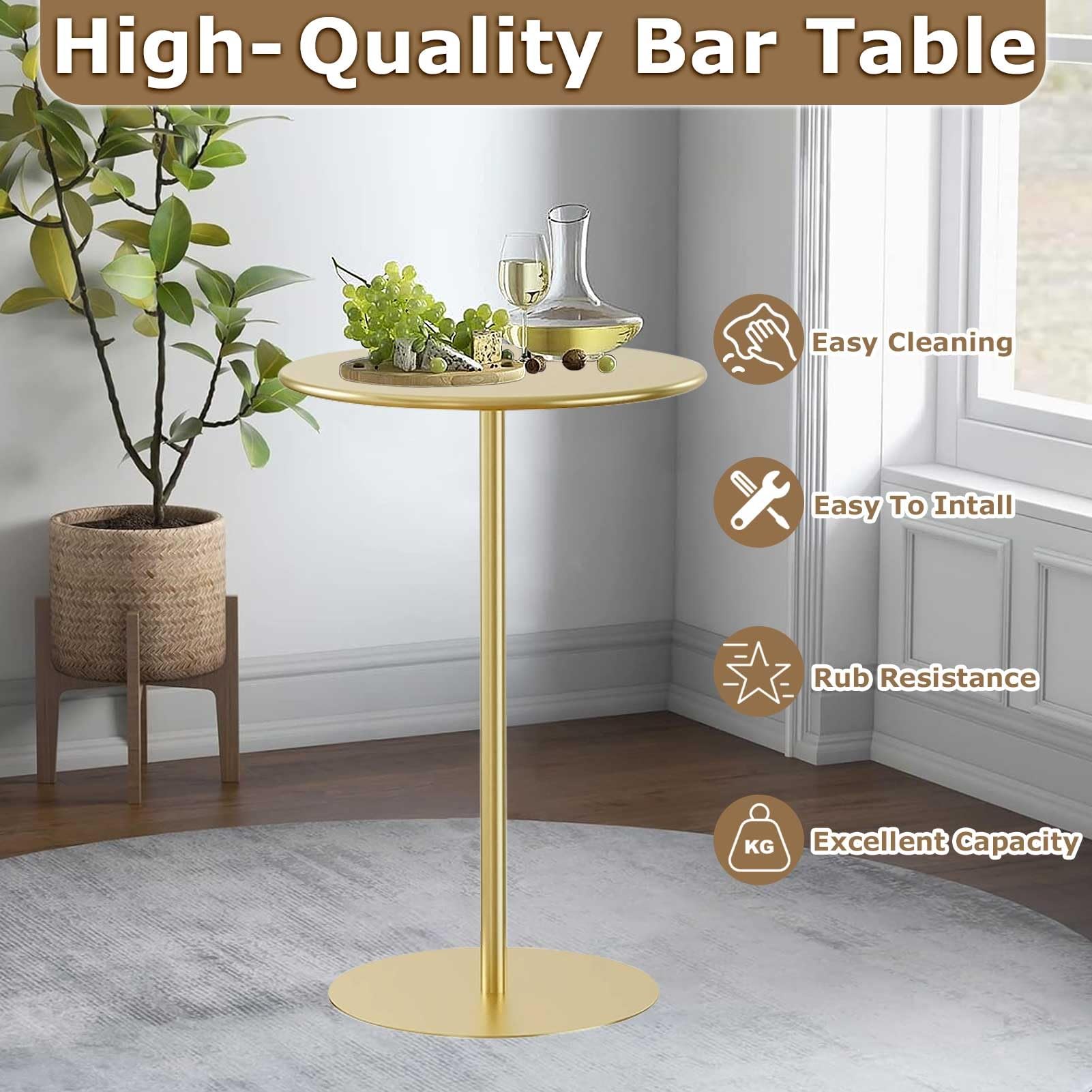 Okrągły stół barowy - blat bistro stół pubowy ze stałą metalową podstawą Stylowy okrągły stół koktajlowy Biurko do jadalni do domu kuchni i salonu Łatwy montaż (D: 60 x 60 x 104 cm)