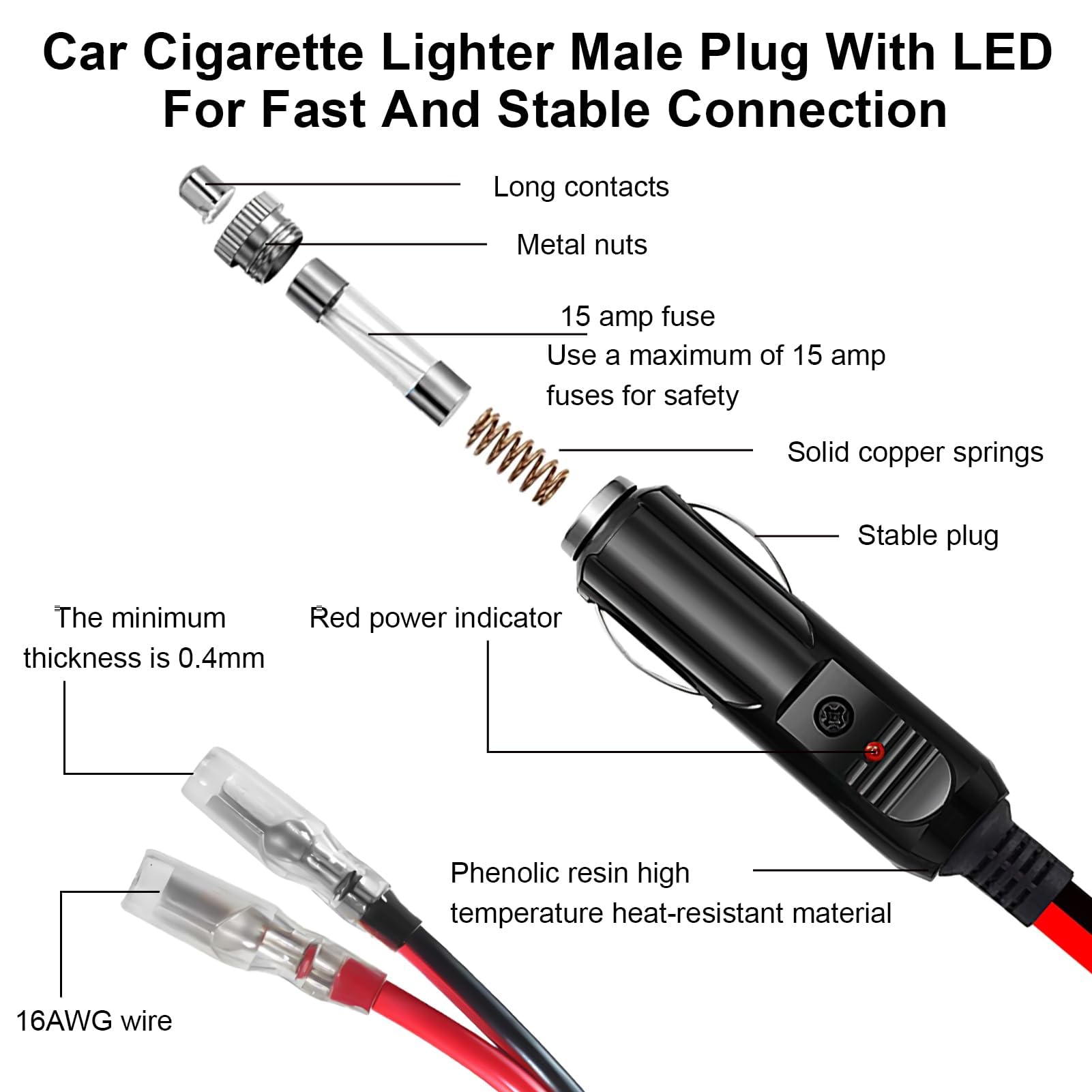 2Pz Encendedor de Cigarrillos Plug, Cable Conector Macho para Mechero de Coche de 12V-24V Enchufe de Mechero con Fusible Enchufe del Encendedor para Refrigeradores de Camiones, Reproductores de DVD
