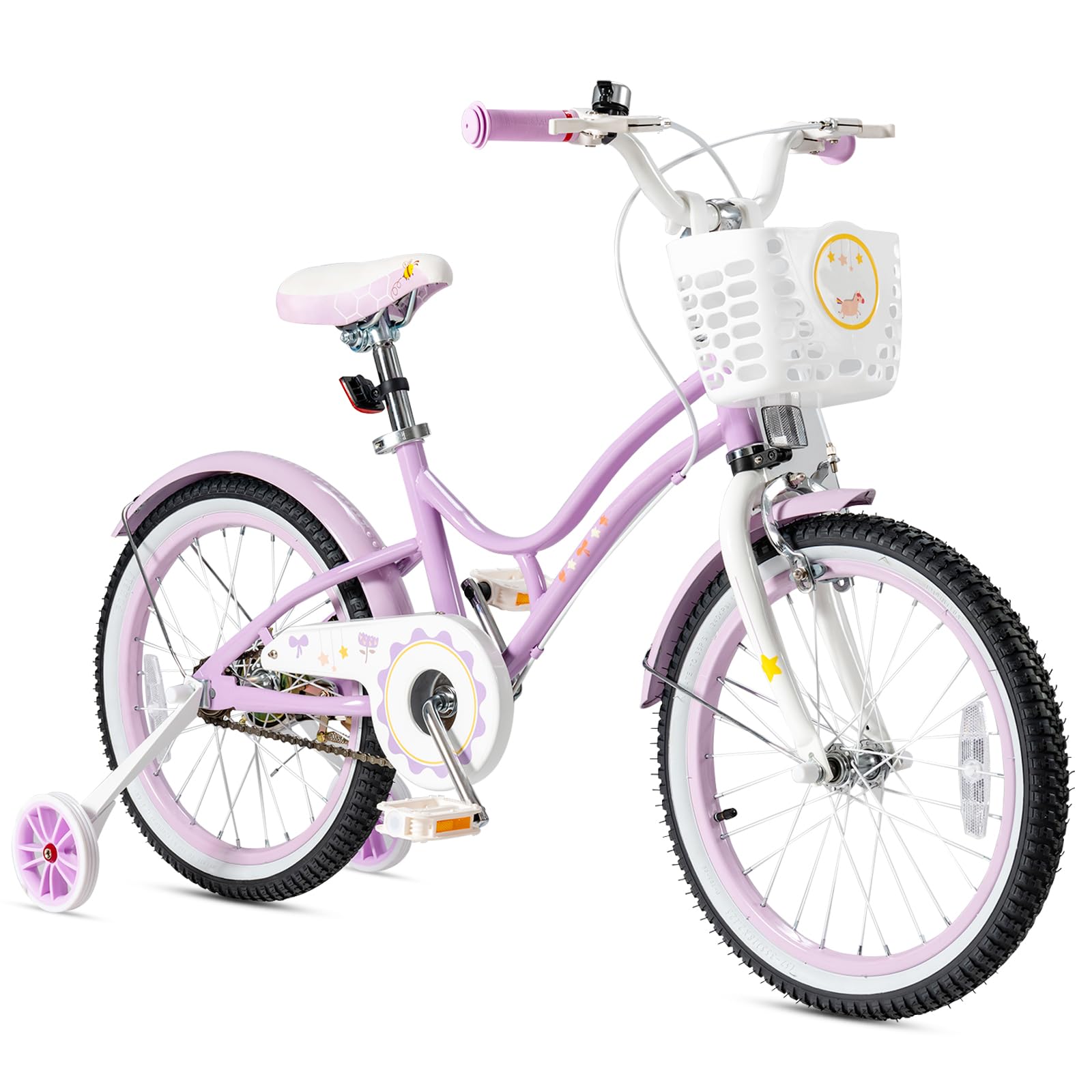 GYMAX Girls Bike for Toddler & Kids Aged 6-9, 18 Inch Kids Bicycle w/Training Wheels, Basket, Bell & Kickstand, Kids Bike w/Dual Handbrake, Adjustable Handlebar & Saddle
