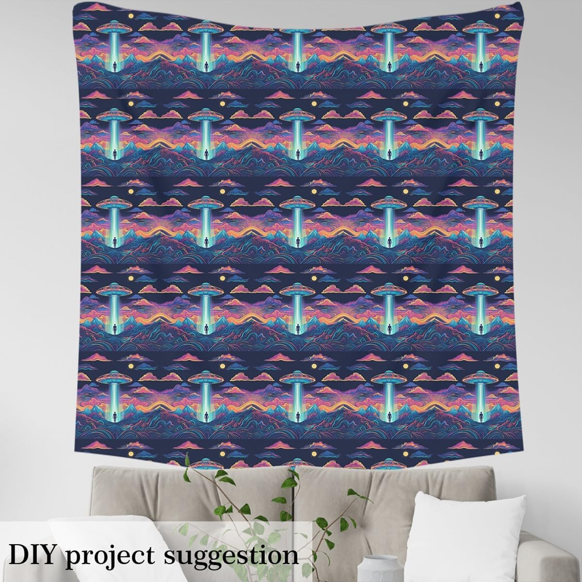 Erosebridal Trippy Alien Flannel Fabric by The Yard,Psychedelic Space Alien Upholstery Fabric for Kids Teens,Colorful Mountain Decor,Myth Mysterious UFO Indoor Not Stretchy Decor,Blue Purple,5 Yards