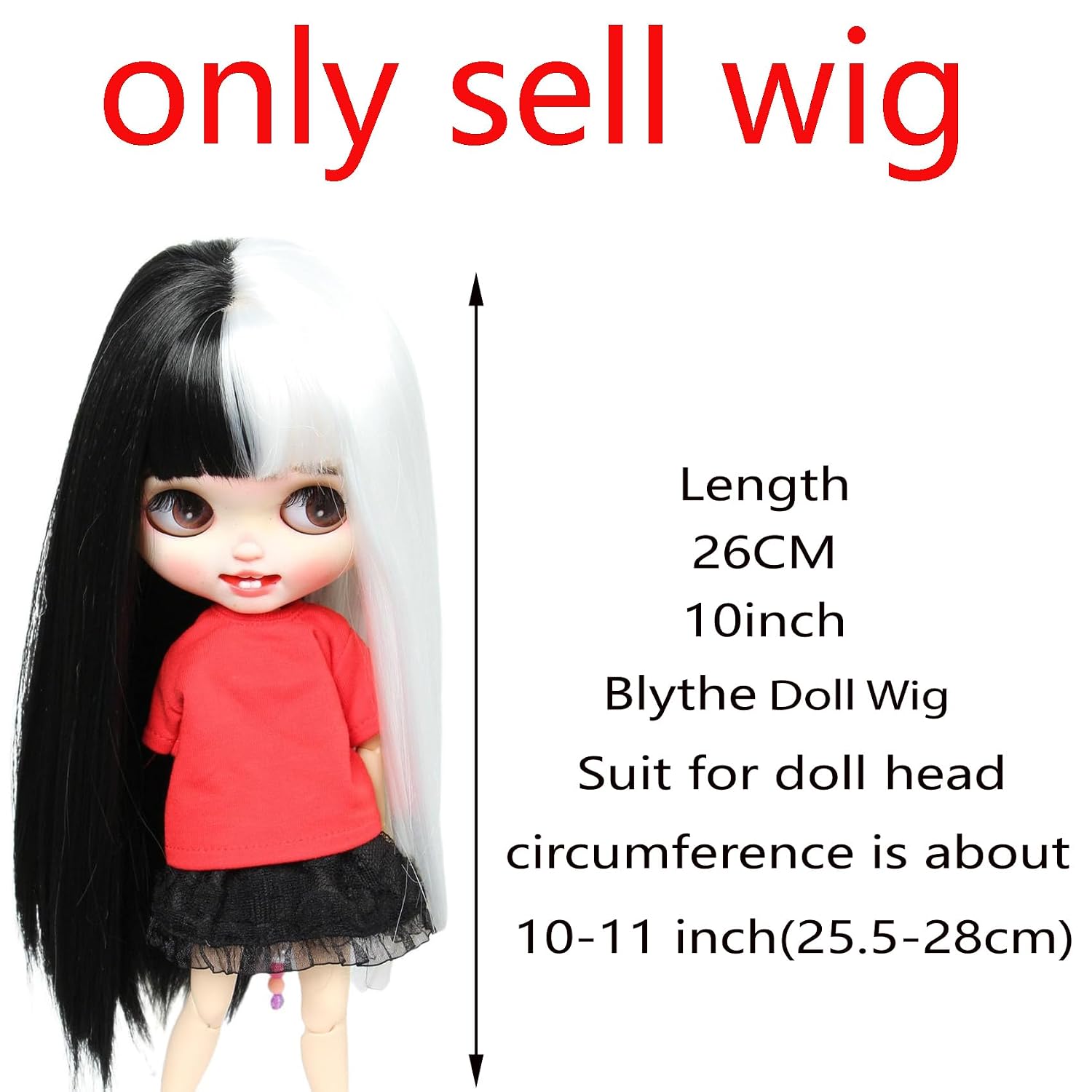 Just 1pc Wig fit for 10 inch Head Dolls Long Straight Hair (Black white) image 2