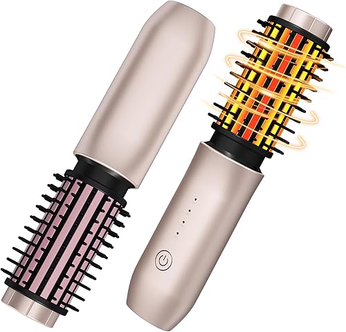 Cordless Hair Curling Iron Brush, Travel Curl Brush, 3-in-1 Portable Curling Iron Cordless, Plasma Thermal Hair Brush, 7000mAh USB Rechargeable Curlings Wand, Mini Hot Curlings Brush-Blush Pink