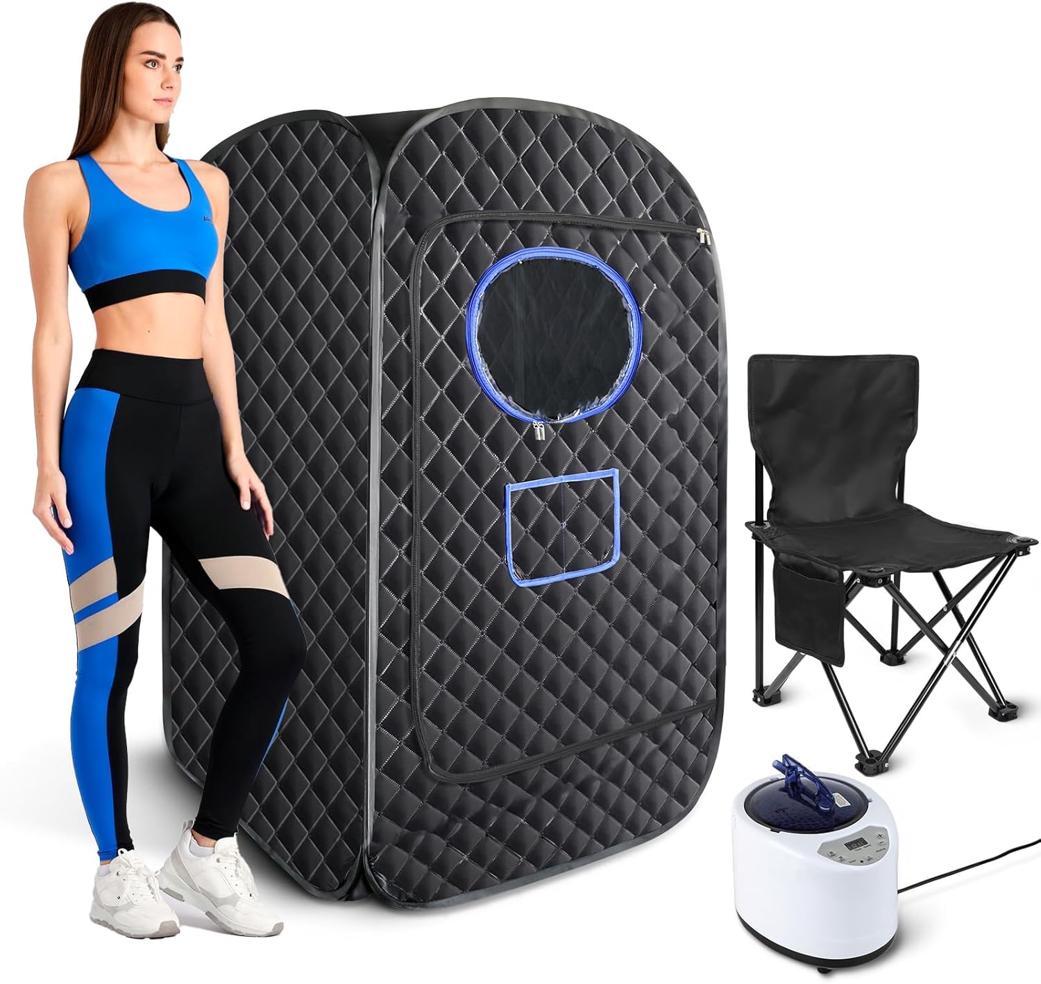 Satisure Portable Sauna, Home Sauna Steam Sauna Tent with 2.6L Steamer, Remote Control, Folding Chair, 9 Adjustable Levels, 33.5'' x 33.5'' x 57'', Black