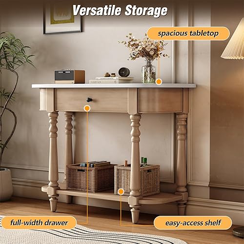 Miniatura 37 de Polibi Mesa consola curvada retro con estante de estilo abierto y 4 cajones superiores, mesa de entrada de media luna de 52 pulgadas de ancho con