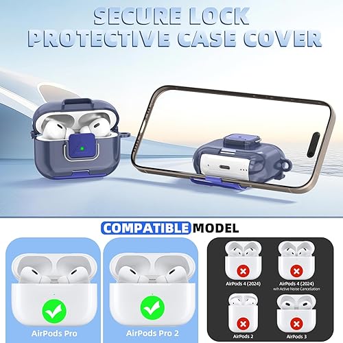 Miniatura 2 de Funda de bloqueo seguro para AirPods Pro 2 con soporte para teléfono, funda protectora de TPU suave y transparente a prueba de golpes para Airpods