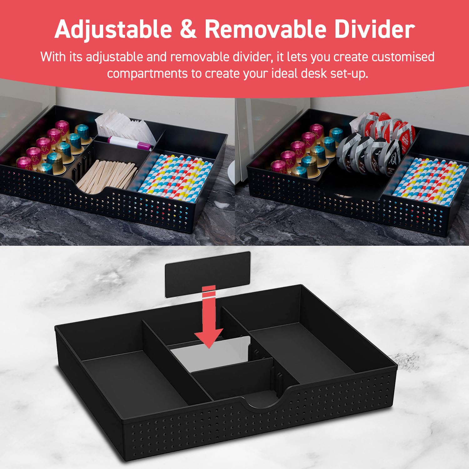 Amtido - Organizer per scrivania con cassetto e accessori per cancelleria da ufficio – 3 scomparti con 2 divisori regolabili – nero – 2 pezzi