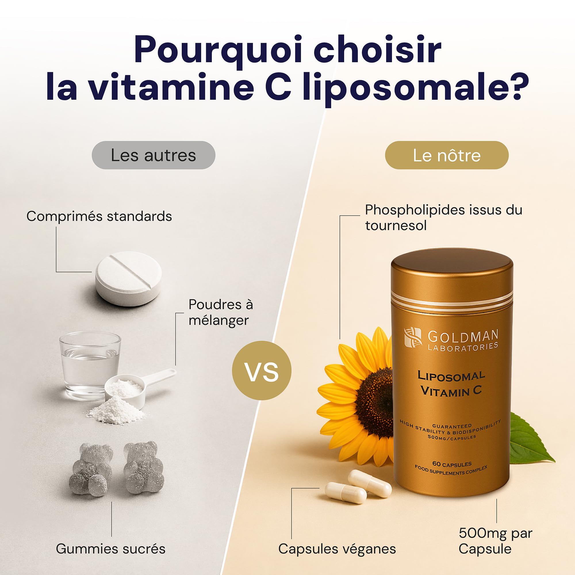 VITAMINE C LIPOSOMALE 500mg - Dose puissante Vitamine C I Encapsulée pour une biodisponibilité maximale I 100% non-OGM et végétalienne I Complément alimentaire - 60 Capsules Vegan