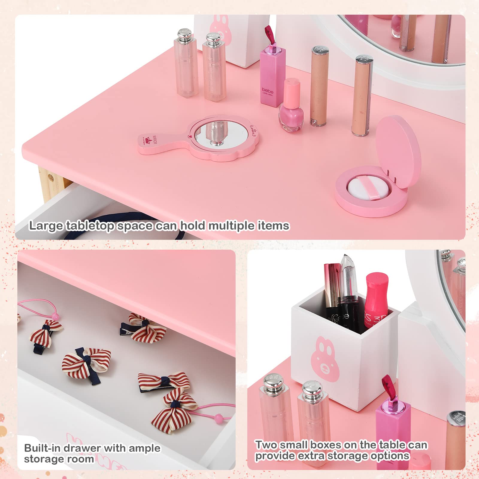 RELAX4LIFE 2 in 1 Toeletta Trucco Bambina con Sgabello, Scrivania con Specchio Rotondo Rimovibile, Cassetto con Manopola e 2 Organizer Porta Trucchi/Penne (Rosa)