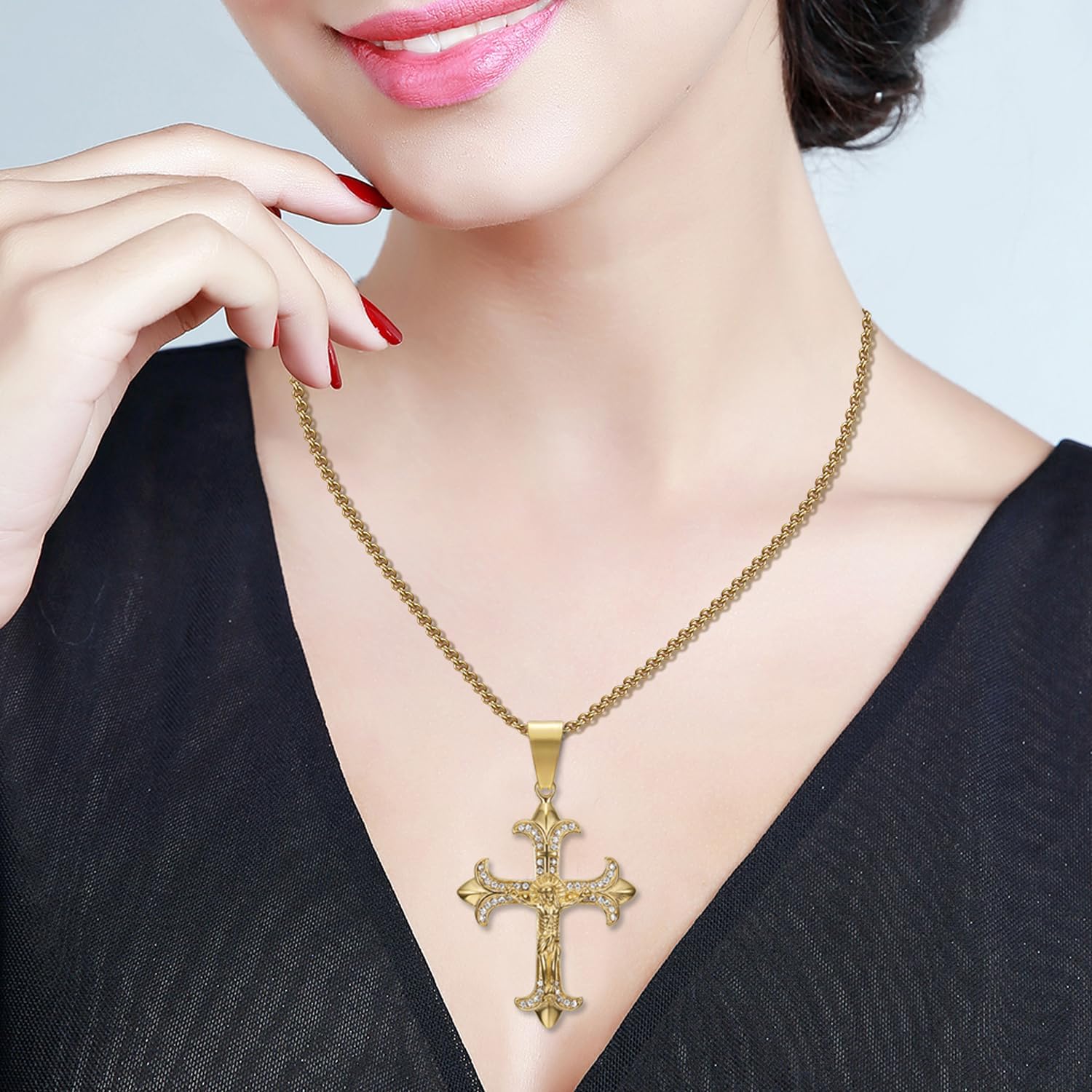 NEGS 18K Gold Plated Crucifix Cross Catholic Christ Pendant Stainless Steel Necklace for Men Women,24 Inch Chain Jesus Prayer Christian Easter Jewelry Gift - Image 5