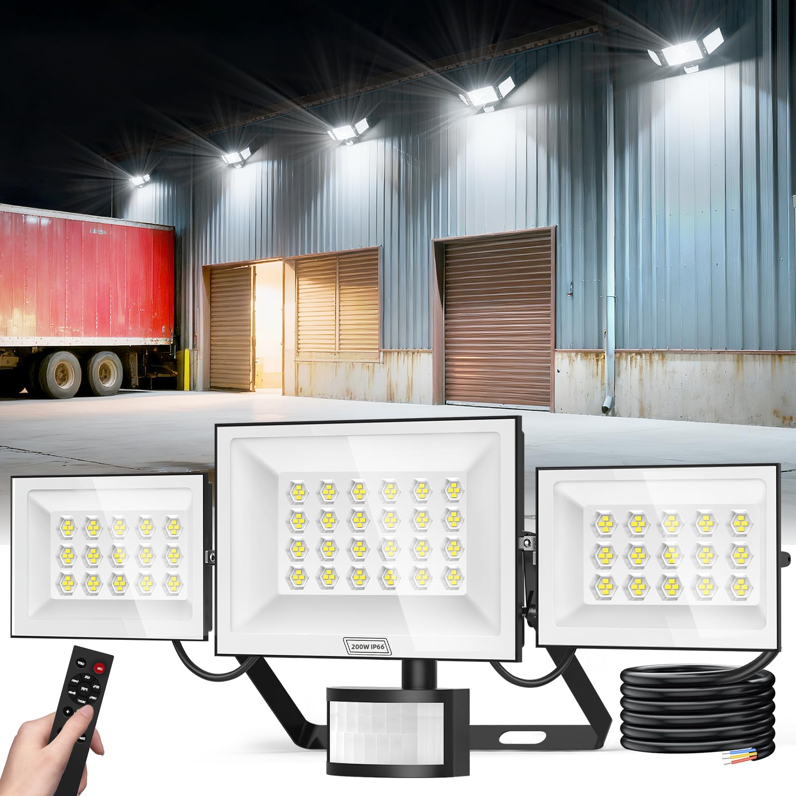papasbox Lampada da Parete con Sensore di Movimento 200W, 20000LM Luce Bianca Fredda 6500K, IP66 Impermeabile Luce Esterna con Telecomando e Timer, Regolabile per Giardino, Garage, Balcone