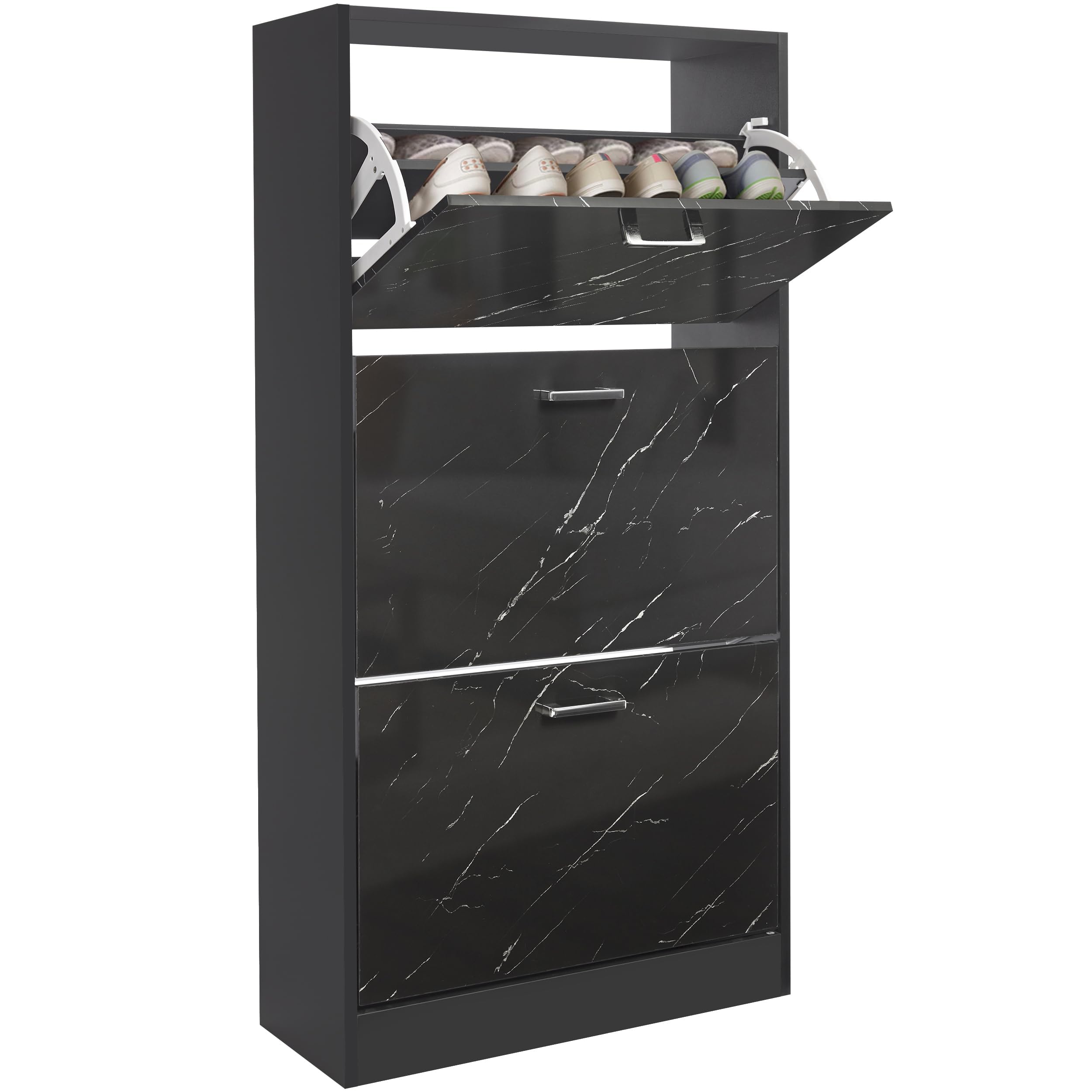Blisswood 3 Drawer Shoe Cabinet, Wooden Shoe Storage Organiser Cupboard Unit Hallway Furniture, freestanding Entryway 3 tier Modern Shoe Rack Cabinet Footwear Stand for Shoes (Marble Black) โ image 1