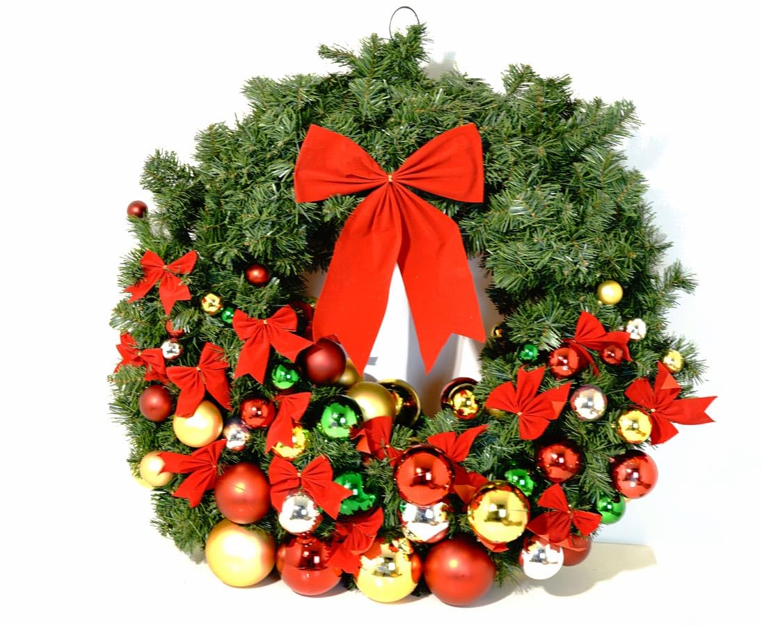 Adventskranz, Künstlich, Weihnachten, PVC-Material, Grün mit Bunten Kugeln, Aufhängbar, Rund, 95 cm Durchmesser - großer Adventskranz
