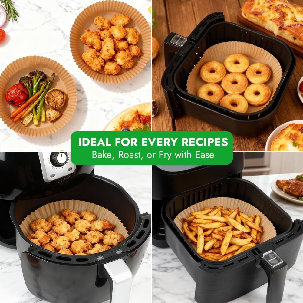 BYKITCHEN 300PCS Disposable Air Fryer Liners for Ninja AF141 5QT Pro AF181 6.5QT, Chefman 6 QT, Cosori 6QT &Other 5 to 8Qt Airfryer, 8 Inch Round Air Fryer Parchment Paper, Airfryer Basket Accessories - Image 8