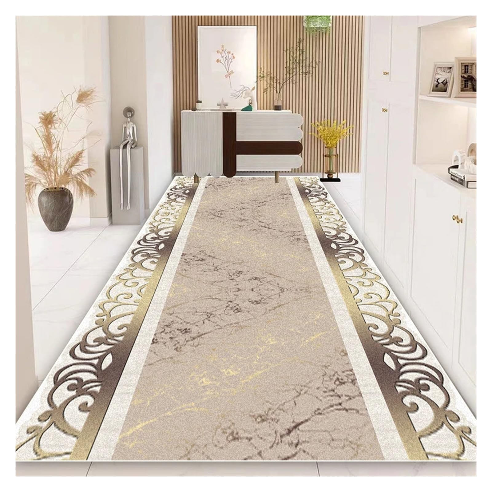 Tapis de couloir long doré haut de gamme pour une entrée prestigieuse