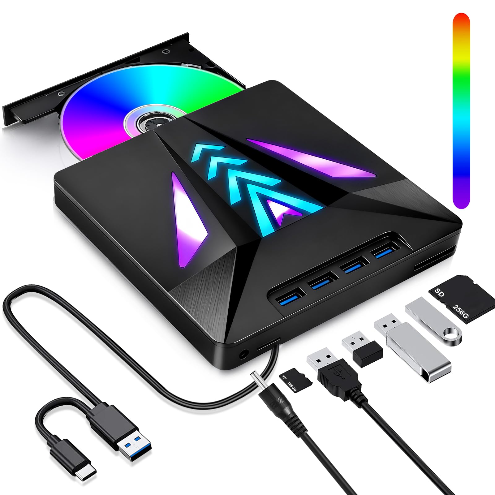 Lettore CD/DVD Esterno per PC Portatile, Masterizzatore DVD Esterno Unità Esterna CD/DVD Velocità 5 Gbps 4 Porte USB 3.0 -/+RW/ROM per Windows 11/10/8/7/XP/Vista, Linux, MacOS, Laptop, Desktop