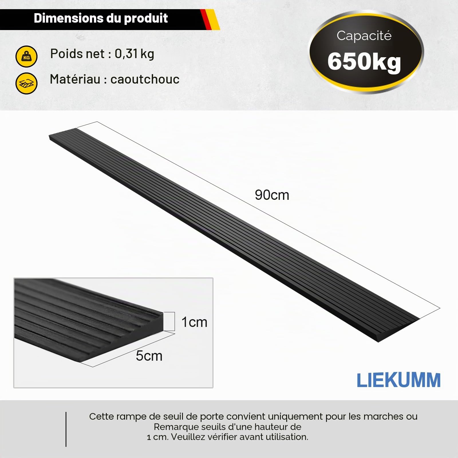 LIEKUMM Rampe de seuil 1 cm, Coupeable Caoutchouc Rampe Fauteuil roulan | Capacité 650 kg Rampe de Seuil Autocollante, Solide, Utilisable en Intérieur et Extérieur, Pour Couloirs et Salles de Bain
