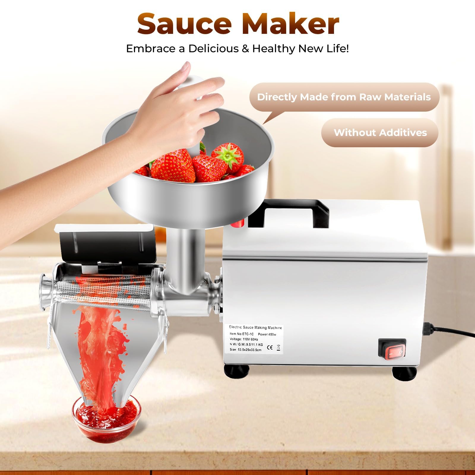 Macchina elettrica per salse, colino per pomodoro in acciaio inox da 450 W, pressa per alimenti per purea e ketchup, capacità 50 kg/h, ideale per la lavorazione di marmellate e frutta